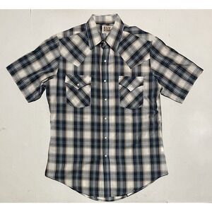 Ely Cattleman Mens Plaid Short Sleeve Western Pearl Snap Cowboy Size Medium
